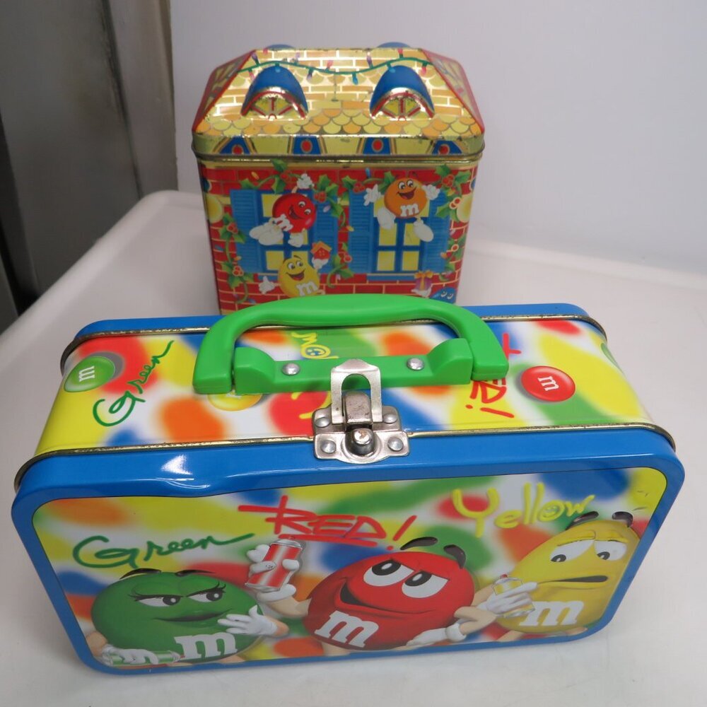 M&M brand lunch box and house (2) metal tins READ ALL